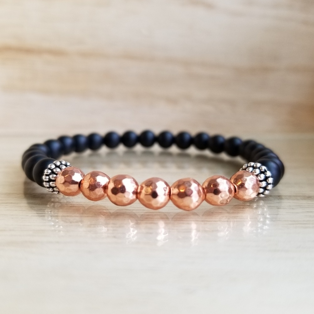 Rose Gold & Black Onyx Beaded Stretch Bracelet